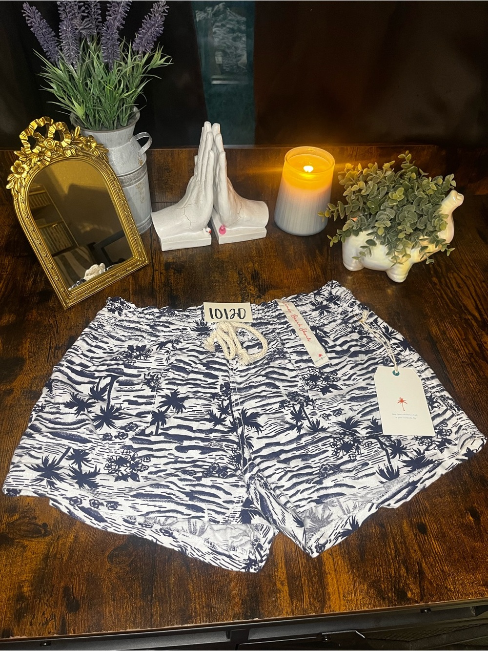 NWT April Kiss Tropical Linen Beach Shorts Navy White Size Large